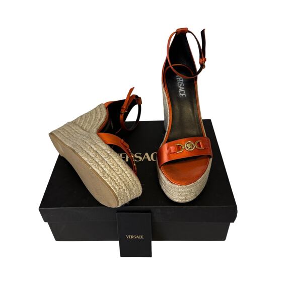 Versace Medusa Orange Coral Satin Espadrille Platform Wedge Sandals Size 41 - Picture 8 of 16